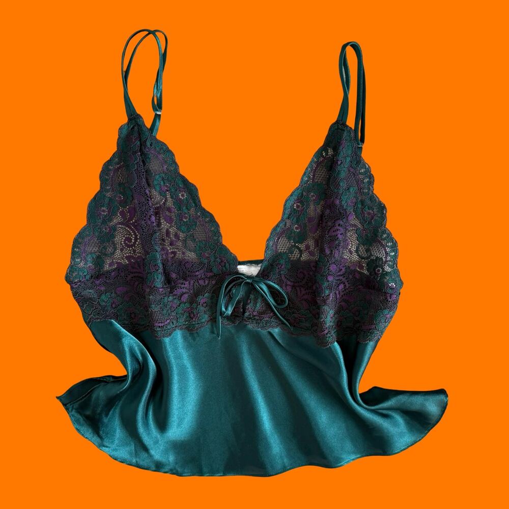 90's vintage emerald green satin lace jewel tone lingerie y2k cami tank top L